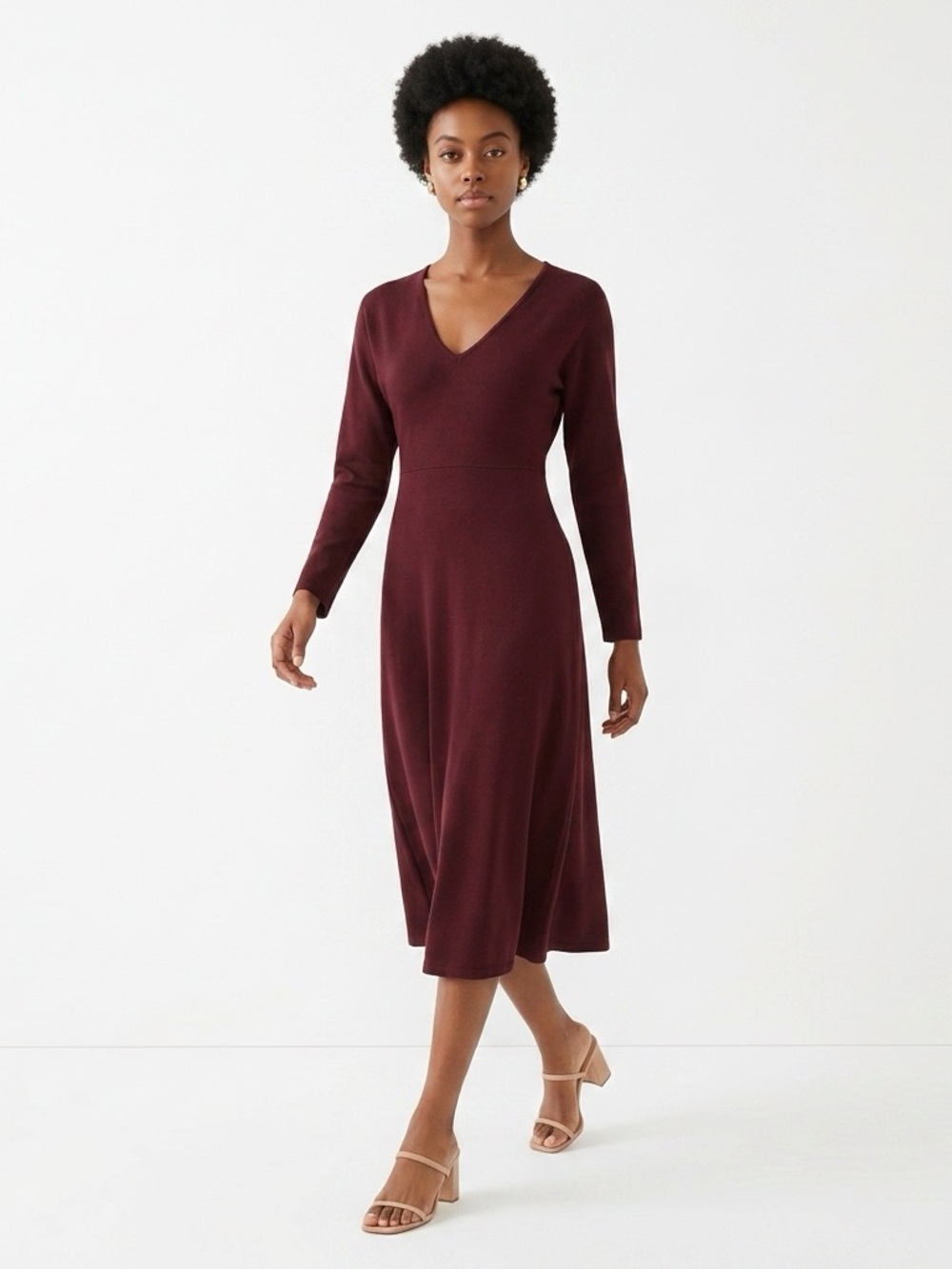 Zara Rich Brown V-Neck Midi Dress Long Sleeve Fitted Waist Cotton Blend|Small